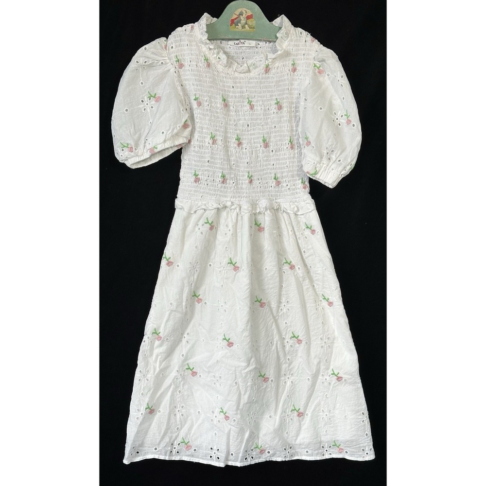 Latoya Eyelet Midi Smocked Dress Girls L 12-14 White Excellent